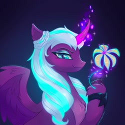 Size: 2048x2048 | Tagged: safe, artist:qwennondeathdie, opaline arcana, alicorn, pony, g5, my little pony: make your mark, spoiler:g5, spoiler:my little pony: make your mark, eyebrows, eyeshadow, female, flower, glowing, glowing horn, high res, horn, levitation, looking at you, magic, magic aura, makeup, mare, ocean lily, signature, smiling, smiling at you, smirk, solo, spread wings, telekinesis, wings