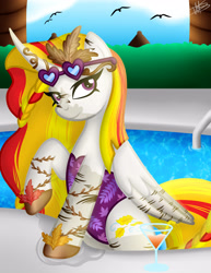 Size: 3000x3885 | Tagged: safe, artist:princessmoonsilver, oc, oc:fall wind, alicorn, pony, alicorn oc, clothes, commission, glasses, high res, horn, solo, sunglasses, swimming pool, swimsuit, wings, ych result