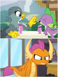 Size: 1500x1999 | Tagged: safe, edit, edited screencap, screencap, gabby, smolder, spike, dragon, griffon, dragon dropped, g4, molt down, angry, female, implied shipping, implied spolder, implied straight, jealous, male, ship:spabby, shipping, straight, winged spike, wings