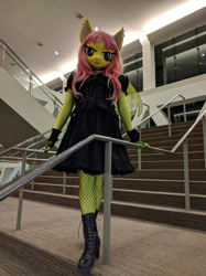Size: 1024x1366 | Tagged: safe, artist:bramble bunny, fluttershy, bat pony, anthro, bronycon, bronycon 2018, g4, bat ponified, boots, clothes, cosplay, costume, fishnet stockings, flutterbat, high heel boots, irl, irl human, photo, race swap, shoes, solo, stairs