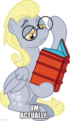 Size: 500x864 | Tagged: safe, artist:katequantum, edit, editor:professorventurer, idw, derpy hooves, pegasus, pony, g4, actually, alternate hairstyle, book, bright eyes (mirror universe), dark mirror universe, female, glasses, mare, mirror universe, nerd, simple background, solo, white background