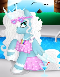 Size: 3000x3885 | Tagged: safe, artist:princessmoonsilver, oc, oc only, oc:winter wind, alicorn, pony, alicorn oc, clothes, commission, female, glasses, high res, horn, solo, sunglasses, swimming pool, swimsuit, wings, ych result