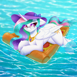 Size: 3000x3000 | Tagged: safe, artist:evlass, princess celestia, alicorn, pony, g4, cute, cutelestia, ear fluff, female, floating, floaty, floppy ears, food, hat, high res, inflatable, inflatable toy, mare, pizza, pool toy, smiling, solo, sun hat, sunglasses, water