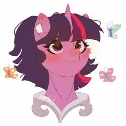 Size: 2048x2048 | Tagged: safe, artist:mikkybun, twilight sparkle, alicorn, butterfly, pony, g4, alternate hairstyle, blushing, bust, female, high res, looking up, mare, simple background, smiling, solo, twilight sparkle (alicorn), white background