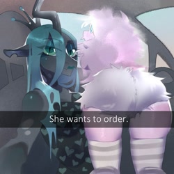 Size: 2000x2000 | Tagged: safe, artist:sausagekit, queen chrysalis, oc, oc:fluffle puff, anthro, g4, ass, breasts, butt, canon x oc, car, car interior, clothes, dress, drive thru, female, he wants to order, high res, lesbian, lipstick, looking at you, meme, selfie, ship:chrysipuff, shipping, snapchat, socks, striped socks, thighs
