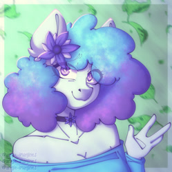 Size: 966x970 | Tagged: safe, artist:angie imagines, oc, oc only, anthro, afro, choker, ear fluff, female, flower, flower in hair, fluffy hair, green background, heart, heart eyes, leaves, multicolored hair, purple eyes, redraw, simple background, solo, wingding eyes