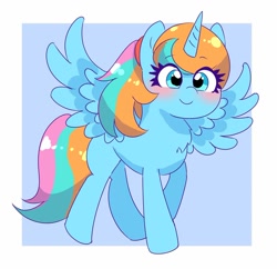 Size: 1080x1047 | Tagged: safe, artist:leo19969525, oc, oc only, alicorn, pony, alicorn oc, blue background, blue eyes, blushing, cute, female, hair, horn, looking at you, mane, mare, ocbetes, simple background, smiling, smiling at you, solo, spread wings, tail, walking, wings