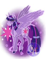 Size: 406x516 | Tagged: safe, artist:luna_mcboss, twilight sparkle, alicorn, pony, g4, chest fluff, coat markings, feathered wings, fetlock tuft, hooves, horn, long legs, long tail, markings, purple background, purple coat, purple eyes, purple mane, simple background, solo, spread wings, tail, twilight sparkle (alicorn), wings