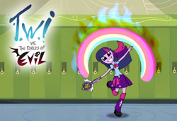 Size: 1082x739 | Tagged: safe, artist:dan232323, twilight sparkle, human, equestria girls, g4, boots, bowtie, canterlot high, clothes, crown, demon wings, female, fire, jewelry, lockers, rainbow, regalia, shirt, shoes, skirt, skull, smiling, sparkles, star vs the forces of evil, stars, text, wand, wings