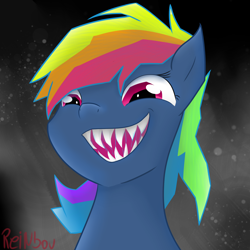 Size: 2000x2000 | Tagged: safe, alternate version, artist:reinbou, rainbow dash, pegasus, pony, g4, secrets and pies, alternate hairstyle, evil pie hater dash, evil rainbow dash, high res, sharp teeth, simple background, solo, teeth