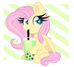 Size: 893x806 | Tagged: safe, artist:lbrcloud, part of a set, fluttershy, pegasus, pony, g4, abstract background, bubble tea, chibi, cute, drink, drinking straw, smiling, solo, straw