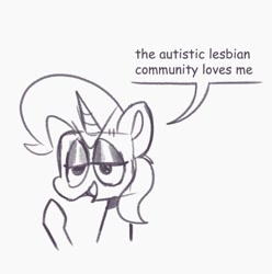 Size: 744x749 | Tagged: safe, artist:__koi_fish__, trixie, pony, unicorn, g4, autism, dialogue, female, lesbian, looking at you, simple background, solo, white background