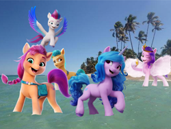 Size: 2400x1800 | Tagged: safe, edit, edited screencap, screencap, hitch trailblazer, izzy moonbow, pipp petals, sunny starscout, zipp storm, earth pony, pegasus, pony, unicorn, g5, my little pony: a new generation, spoiler:my little pony: a new generation, beach, female, group, happy, irl, looking at you, male, mane five, mare, ocean, one eye closed, palm tree, photo, ponies in real life, smiling, smiling at you, stallion, stock render, tree, water, wink