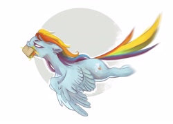 Size: 4300x3100 | Tagged: safe, artist:colorbrush, rainbow dash, pegasus, pony, g4, abstract background, flying, food, mouth hold, sandwich, simple background, solo, tired, white background