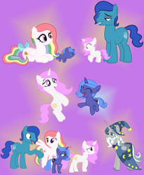 Size: 5666x6902 | Tagged: safe, artist:lillyleaf101, prince blue dream, princess celestia, princess luna, star swirl the bearded, starshine, alicorn, pony, g1, g2, g4, absurd resolution, alicornified, cewestia, female, filly, g1 to g4, g2 to g4, generation leap, magic, race swap, star swirlicorn, stardream, story included, woona, younger