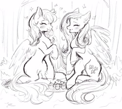 Size: 2048x1835 | Tagged: safe, artist:oatmeals_, fluttershy, rainbow dash, pegasus, pony, g4, cupcake, duo, eyes closed, female, food, happy, lesbian, monochrome, mouth hold, ship:flutterdash, shipping, sketch, sparkles