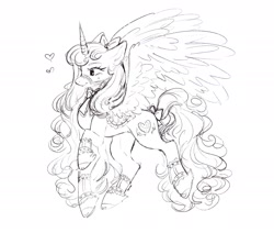 Size: 2048x1740 | Tagged: safe, artist:oatmeals_, princess cadance, alicorn, pony, g4, bow, female, floating heart, hair bow, heart, mare, monochrome, saddle, sketch, solo, spread wings, tack, tail, tail bow, wings