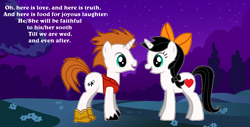 Size: 1024x521 | Tagged: safe, artist:crawfordjenny, pony, boots, bow, clothes, crossover, cute, female, frederic (pirates of penzance), gilbert and sullivan, hair bow, lyrics, mabel (pirates of penzance), male, ponified, shipping, shoes, song reference, straight, text, the pirates of penzance, tree, unshorn fetlocks, vest