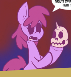 Size: 474x516 | Tagged: safe, artist:pembroke, edit, berry punch, berryshine, earth pony, pony, unicorn, here comes berry punch, g4, bone, confused, cropped, dialogue, female, horn, mare, skull, speech bubble, text, zalgo