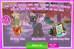 Size: 1556x1030 | Tagged: safe, gameloft, burnt oak, earth pony, pony, g4, my little pony: magic princess, advertisement, costs real money, introduction card, lucky coins, male, sale, stallion, younger