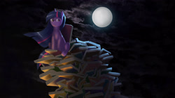 Size: 3840x2160 | Tagged: safe, artist:koronkorak, twilight sparkle, pony, unicorn, g4, black background, book, book fort, full moon, high res, looking down, moon, night, simple background, sitting, smiling, smirk, solo, that pony sure does love books, throne, unicorn twilight