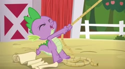 Size: 2732x1518 | Tagged: safe, screencap, spike, dragon, applejack's "day" off, g4, season 6, eyes closed, list, male, pulling, rope, solo