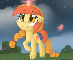 Size: 2800x2300 | Tagged: safe, artist:meotashie, oc, oc only, pony, unicorn, female, glowing, glowing horn, grass, high res, horn, raised hoof, shooting star, smiling, solo, unicorn oc