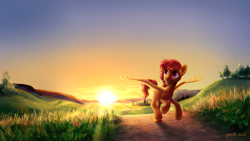 Size: 3021x1700 | Tagged: safe, artist:kaermter, oc, oc only, oc:alios, pegasus, pony, facial hair, male, open mouth, open smile, running, scenery, smiling, solo, spread wings, stallion, sunset, wings