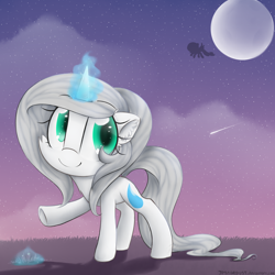 Size: 2300x2300 | Tagged: safe, artist:meotashie, oc, oc only, pony, unicorn, female, glowing, glowing horn, high res, horn, moon, shooting star, smiling, solo, unicorn oc