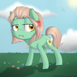 Size: 2300x2300 | Tagged: safe, artist:meotashie, oc, oc only, oc:marilee, earth pony, pony, cheek fluff, earth pony oc, grass, high res, solo