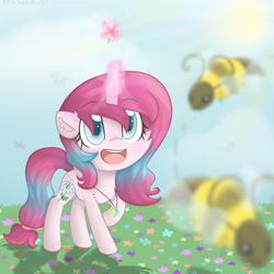 Size: 2300x2300 | Tagged: safe, artist:meotashie, oc, oc only, bee, insect, pony, unicorn, cute, female, flower, glowing, glowing horn, high res, horn, jewelry, necklace, open mouth, solo, unicorn oc