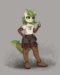 Size: 3200x4000 | Tagged: safe, artist:asimos, oc, oc only, oc:karakusa, anthro, plantigrade anthro, belt, boots, female, filly, foal, hand on hip, jewelry, loot, ring, shoes, smiling, solo, thigh boots
