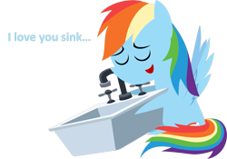 Size: 1201x842 | Tagged: safe, artist:zacatron94, rainbow dash, pegasus, pony, g4, 2014, cargo ship, dialogue, eyes closed, female, hug, kitchen sink, mare, multicolored hair, old art, pointy ponies, rainbow hair, ship:rainbowsink, shipping, simple background, sitting, smiling, text, transparent background