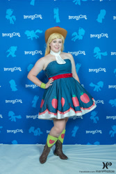 Size: 1440x2160 | Tagged: safe, artist:xen photography, applejack, human, bronycon, bronycon 2017, g4, bare shoulders, clothes, cosplay, costume, dress, fall formal outfits, hand on hip, irl, irl human, photo, sleeveless, sleeveless dress