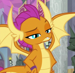 Size: 754x739 | Tagged: safe, screencap, smolder, dragon, a matter of principals, g4, cropped, dragoness, female, hand on hip, lidded eyes, looking at you, raised eyebrow, smolder is not amused, solo, spread wings, unamused, wings