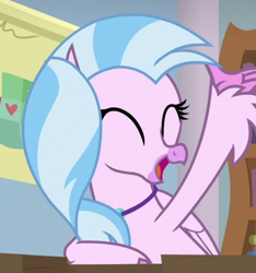 Size: 676x722 | Tagged: safe, screencap, silverstream, classical hippogriff, hippogriff, a rockhoof and a hard place, g4, cropped, cute, diastreamies, eyes closed, open mouth, raised arm, solo