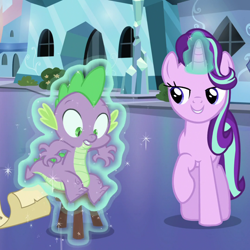 Size: 1080x1080 | Tagged: safe, screencap, spike, starlight glimmer, dragon, pony, unicorn, g4, season 6, the crystalling, cropped, duo, female, glowing, glowing horn, horn, magic, male, mare, telekinesis