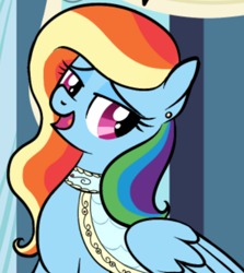 Size: 478x535 | Tagged: safe, artist:rainbow-hooves, edit, rainbow dash, pegasus, pony, g4, alternate hairstyle, bedroom eyes, clothes, cropped, dress, ear piercing, earring, female, jewelry, mare, marriage, piercing, rainbow dash always dresses in style, smiling, wedding, wedding dress, wings