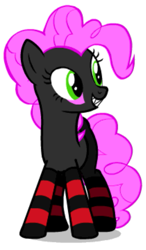 Size: 377x647 | Tagged: safe, oc, oc only, oc:pinkie tai, earth pony, pony, clothes, fangs, female, mare, shadow, simple background, socks, striped socks, thigh highs, white background