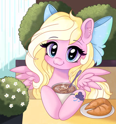Size: 2808x3000 | Tagged: safe, artist:hummer, oc, oc only, oc:bay breeze, pegasus, pony, bow, bracelet, bread, cafe, coffee, cottagecore, croissant, cute, female, food, hair bow, heart, heart eyes, high res, hnnng, jewelry, looking at you, mare, pegasus oc, solo, weapons-grade cute, wingding eyes