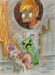 Size: 794x1071 | Tagged: safe, artist:mintytreble, button mash, sweetie belle, earth pony, pony, unicorn, don't mine at night, g4, cave, creeper, crossover, danger, diamond, lava, minecraft, the cmc's cutie marks, this will end in explosions, traditional art