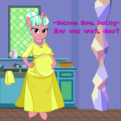 Size: 1013x1013 | Tagged: safe, anonymous artist, stepford ponies, unicorn, anthro, unguligrade anthro, .svg available, breasts, cleavage, clothes, dress, eyelashes, female, hand on belly, hand on hip, housewife, indoors, jewelry, kitchen, necklace, pearl necklace, pregnant, sink, smiling, solo, svg, vector