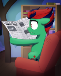 Size: 2048x2560 | Tagged: safe, artist:whitequartztheartist, oc, oc only, earth pony, pony, bookshelf, fear, high res, newspaper, solo