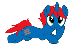 Size: 1098x691 | Tagged: safe, artist:pigeorgien, artist:ry-bluepony1, oc, oc only, oc:train track, pony, unicorn, 2023 community collab, derpibooru community collaboration, g4, base used, blue coat, green eyes, hair, horn, lying down, male, male oc, mane, on side, pony oc, pose, show accurate, simple background, solo, stallion, stallion oc, tail, transparent background, unicorn oc