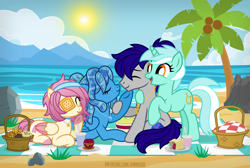 Size: 1200x806 | Tagged: safe, artist:jennieoo, lyra heartstrings, oc, oc:gentle star, oc:maverick, oc:ocean soul, earth pony, pegasus, pony, unicorn, g4, basket, beach, couple, cute, food, friends, happy, jewelry, laughing, lovers, lyrabetes, married couple, married couples doing married things, muffin, necklace, ocbetes, ocean, palm tree, picnic, picnic basket, picnic blanket, seaside, show accurate, sky, soulverick, sun, tree, vector, water