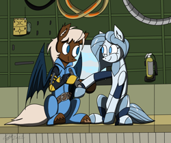 Size: 2070x1740 | Tagged: safe, artist:derpanater, oc, oc:doll-e, oc:lug nut, android, bat pony, gynoid, pony, robot, robot pony, aircraft, amputee, bat pony oc, commission, couple, cute, female, fire extinguisher, looking at each other, looking at someone, prosthetic limb, prosthetics, radio, sitting, wrench