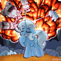 Size: 1200x1200 | Tagged: safe, artist:llametsul, trixie, bear, pony, robot, unicorn, g4, atg 2022, blast, boasting, colored, cool guys don't look at explosions, cute, diatrixes, explosion, eyes closed, eyeshadow, female, fight, giant robot, horn, magic, magic blast, makeup, mare, newbie artist training grounds, open mouth, open smile, plushie, smiling, solo, tail, talking, teddy bear