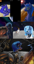 Size: 1613x3023 | Tagged: safe, artist:chickhawk96, princess luna, alicorn, pony, g4, astronaut, comparison, crying, female, moon, s1 luna, sad, solo, spaceship, spacesuit, wreckage