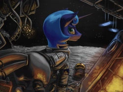 Size: 1200x900 | Tagged: safe, artist:chickhawk96, princess luna, pony, g4, astronaut, female, looking at you, looking back, looking back at you, moon, s1 luna, solo, spacesuit, wreckage
