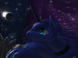 Size: 1600x1200 | Tagged: safe, artist:chickhawk96, princess luna, alicorn, pony, g4, crossed hooves, crying, female, looking up, lying down, mare, moon, on the moon, planet, prone, sad, solo, space